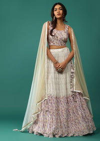Ivory White Lehenga And Blouse Set In Silk With Floral Print