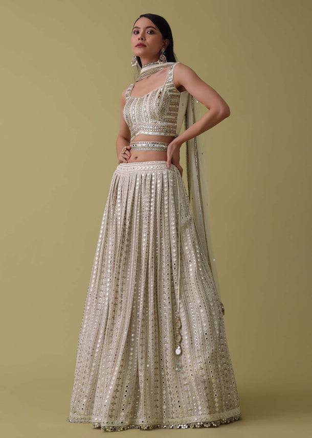 Ivory White Lehenga Suit Set In Georgette With Mirror And Thread Work
