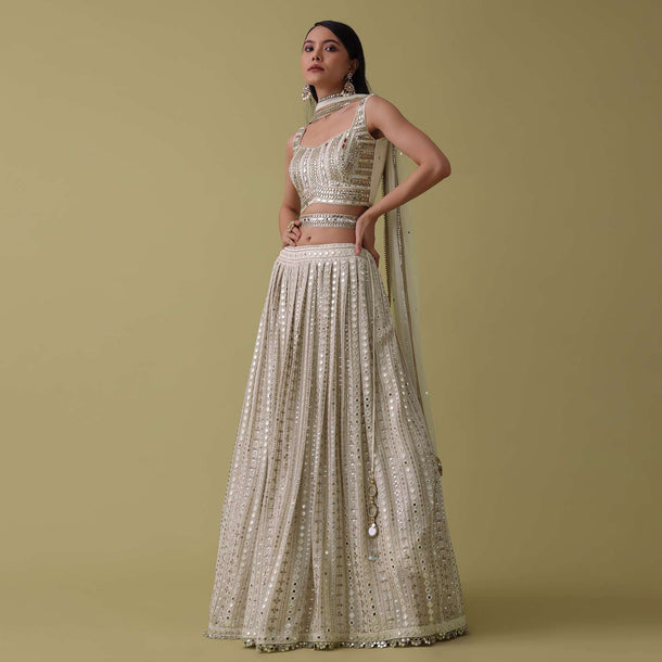 Ivory White Lehenga Suit Set In Georgette With Mirror And Thread Work