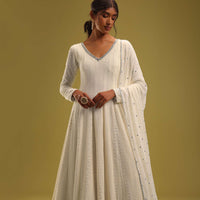 Ivory White Lucknowi Embroidered Anarkali Set In Georgette