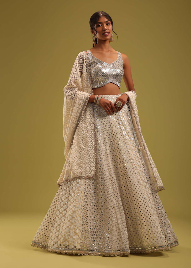 Ivory White Lucknowi Embroidered Georgette Lehenga Set