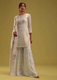 Ivory White Lucknowi Embroidered Kurti And Sharara Set In Georgette