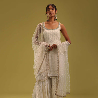 Ivory White Lucknowi Embroidered Kurti And Sharara Set