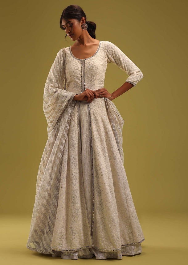 Ivory White Lucknowi Embroidered Lehenga And Anarkali Set