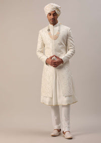 Ivory White Machine Embroidered Sherwani Set In Silk