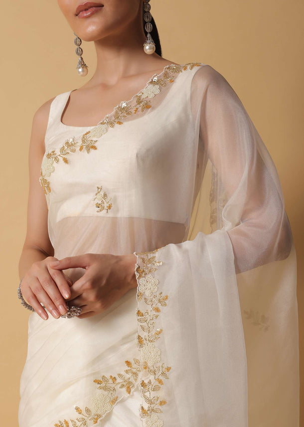 Ivory White Organza Saree With Cut Dana Embroidered Borders