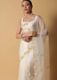 Ivory White Organza Saree With Cut Dana Embroidered Borders