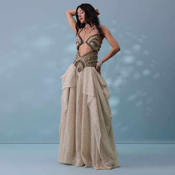 Ivory White Shell-Embroidered Exotic Shimmer Gown In Sequins