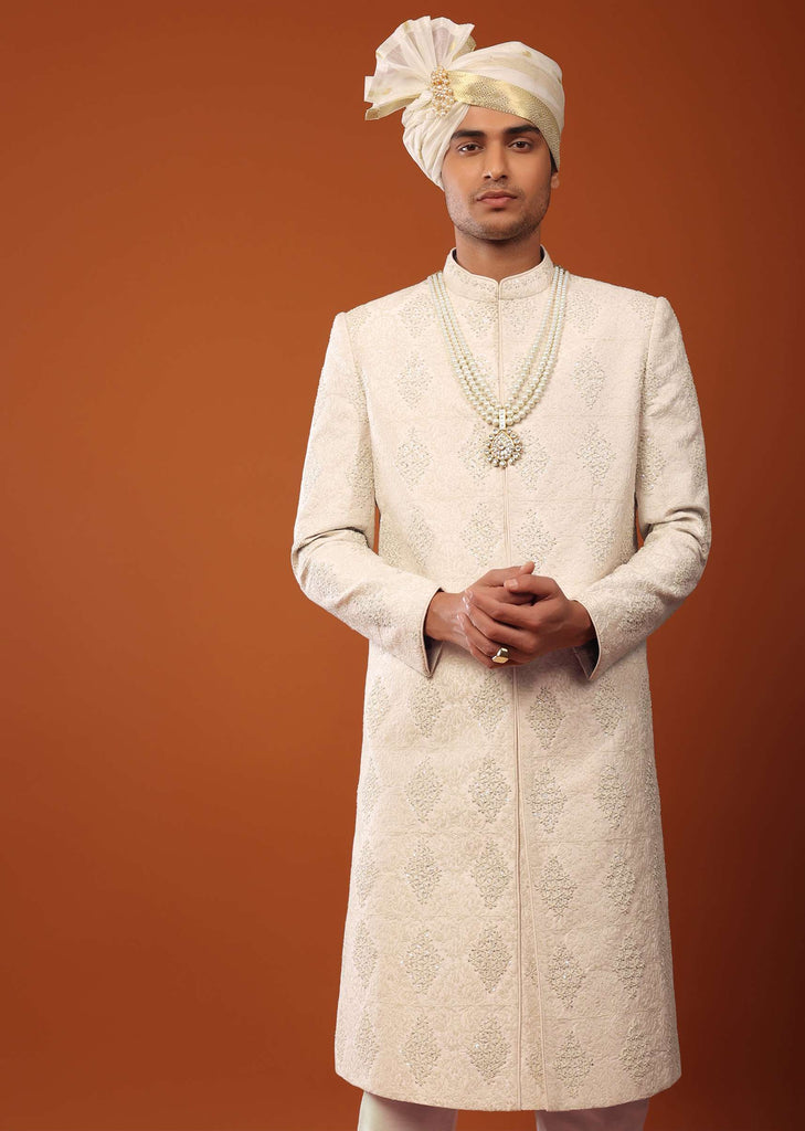 Ivory White Sherwani Set In Silk With Cut Dana Embroidery