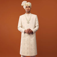 Ivory White Sherwani Set In Silk With Cut Dana Embroidery