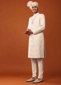 Ivory White Sherwani Set In Silk With Cut Dana Embroidery