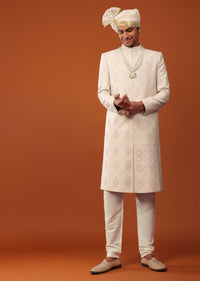 Ivory White Sherwani Set In Silk With Cut Dana Embroidery