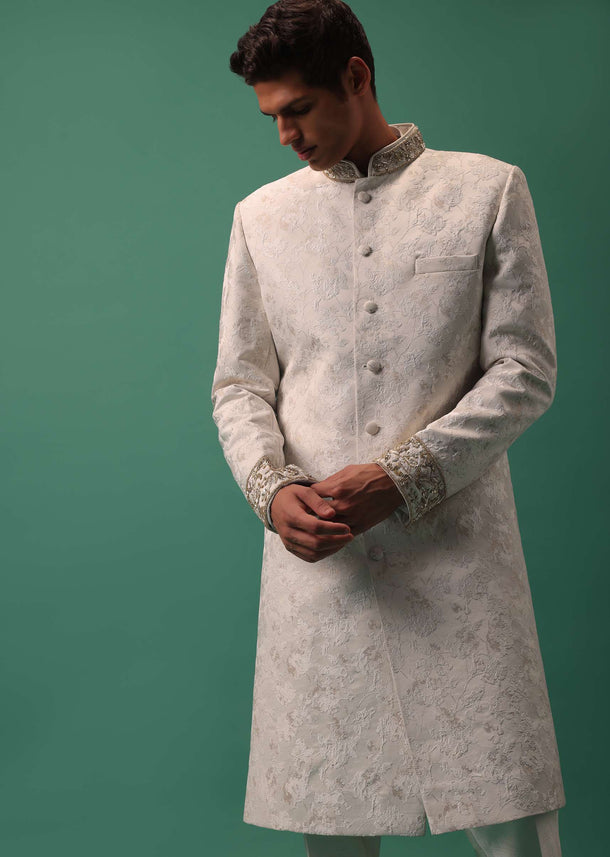 Ivory White Textured Sherwani Set With Fusing Pants