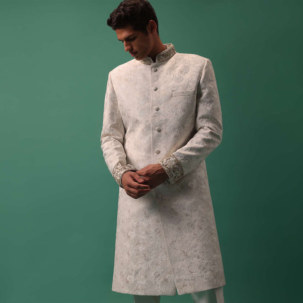 Ivory White Textured Sherwani Set With Fusing Pants