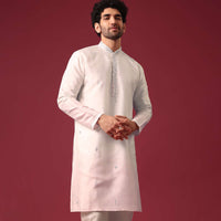 Ivory White Ombre Kurta Set In Silk With Mirror Work