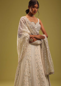 Ivory White Zari Embroidered Lehenga And Blouse Set In Georgette