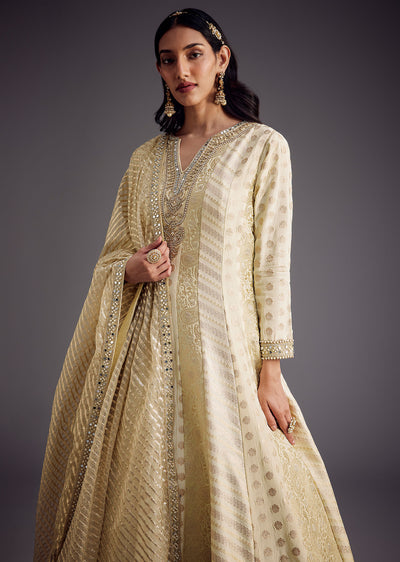Ivory Zari Embroidered Anarkali With Dupatta