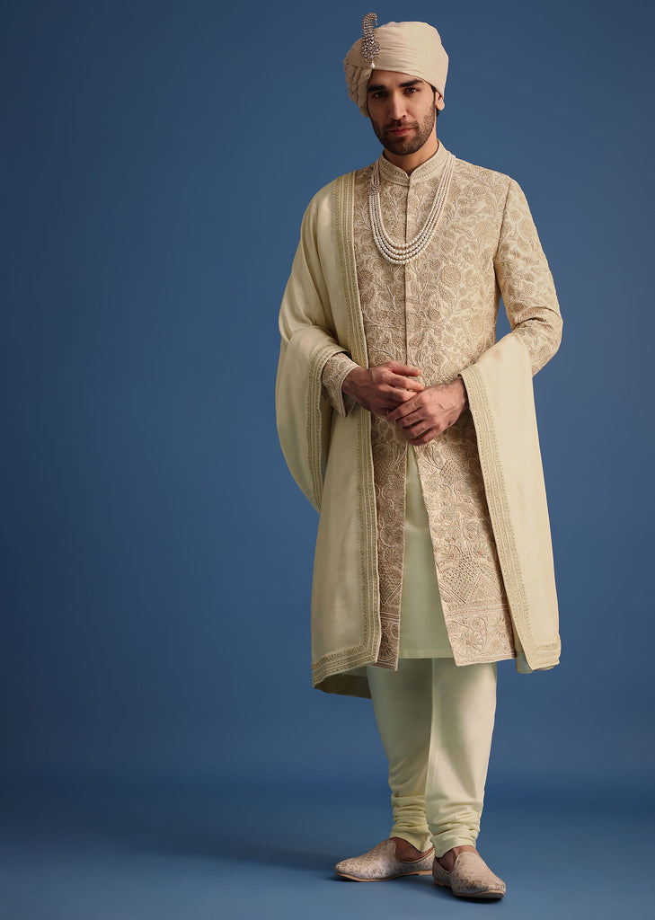 Ivory Zari Embroidered Sherwani Suit