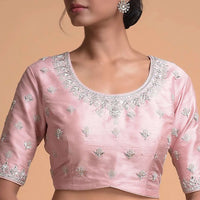 Lemonde Pink Blouse In Raw Silk With Zardosi Embroidered Buttis And Round Neckline Online - Kalki Fashion