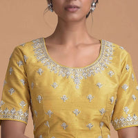 Cyber Yellow Blouse In Raw Silk With Zardosi Embroidered Buttis And Round Neckline Online - Kalki Fashion