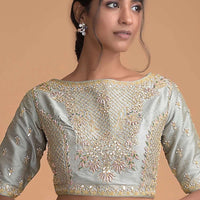 Silver Blue Blouse In Raw Silk With Zardosi And Gotta Patti Embroidered Floral Pattern Online - Kalki Fashion