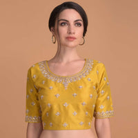 Mustard Yellow Blouse In Raw Silk With Gotta Patch Embroidery And Floral Buttis Online - Kalki Fashion