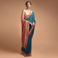 Teal Blue Saree In Silk With Weaved Floral Buttis And Bandhani Printed Pallu