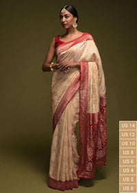 Off White Banarasi Saree In Silk Blend With Woven Mesh Jaal Online - Kalki Fashion