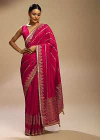 Rani Pink Saree In Silk With Woven Stripes Floral Motifs On The Border