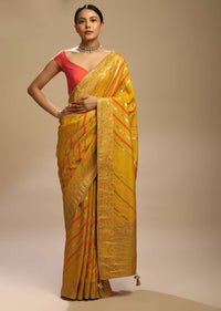 Mustard Saree In Dola Silk With Multi Colored Woven Diagonal Stripes And Floral Border