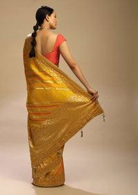 Mustard Saree In Dola Silk With Multi Colored Woven Diagonal Stripes And Floral Border