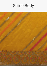 Mustard Saree In Dola Silk With Multi Colored Woven Diagonal Stripes And Floral Border