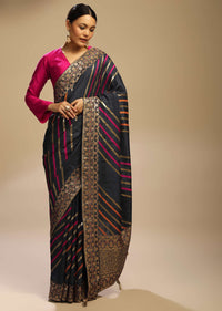 Eclipse Grey Saree In Dola Silk With Multi Colored Woven Diagonal Stripes And Floral Border