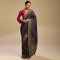 Eclipse Grey Saree In Dola Silk With Multi Colored Woven Diagonal Stripes And Floral Border