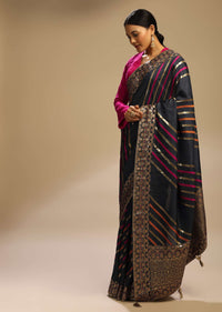 Eclipse Grey Saree In Dola Silk With Multi Colored Woven Diagonal Stripes And Floral Border