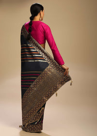 Eclipse Grey Saree In Dola Silk With Multi Colored Woven Diagonal Stripes And Floral Border