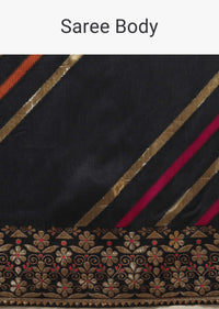 Eclipse Grey Saree In Dola Silk With Multi Colored Woven Diagonal Stripes And Floral Border