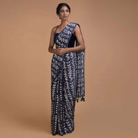 Indigo Blue Saree In Satin Blend With Leaf Print All Over Online - Kalki Fashion