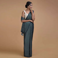 Pine Green Saree In Satin Blend With Printed Floral Buttis All Over Online - Kalki Fashion