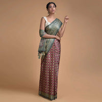 Olive Green Half And Half Saree In Satin Blend With Printed Floral Buttis And Jaal Pattern Online - Kalki Fashion