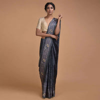 Slate Grey Saree In Satin Blend With Self Jaal Print Online - Kalki Fashion