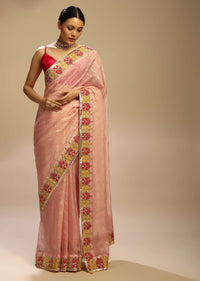 Pastel Peach Saree With Lurex Stripes, Fuchsia And Yellow Patchwork And Gotta Patti On The Border