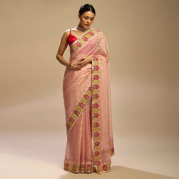 Pastel Peach Saree With Lurex Stripes, Fuchsia And Yellow Patchwork And Gotta Patti On The Border