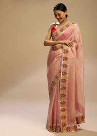 Pastel Peach Saree With Lurex Stripes, Fuchsia And Yellow Patchwork And Gotta Patti On The Border