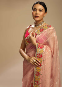 Pastel Peach Saree With Lurex Stripes, Fuchsia And Yellow Patchwork And Gotta Patti On The Border