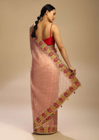 Pastel Peach Saree With Lurex Stripes, Fuchsia And Yellow Patchwork And Gotta Patti On The Border