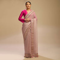 Violet Ice Saree With Lurex Stripes, Fuchsia And Purple Patchwork And Gotta Patti On The Border