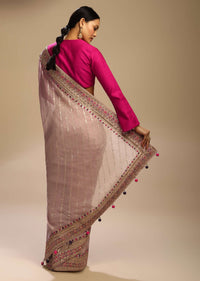 Violet Ice Saree With Lurex Stripes, Fuchsia And Purple Patchwork And Gotta Patti On The Border