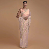 Powder Pink Saree In Organza With Foil Printed Floral Buttis All Over