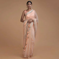 Powder Peach Saree In Organza With Foil Printed Buttis All Over Online - Kalki Fashion